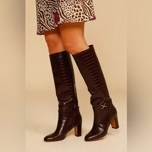ROUJE PARIS Loana Croco Chocolat Heeled Riding Boots 37
